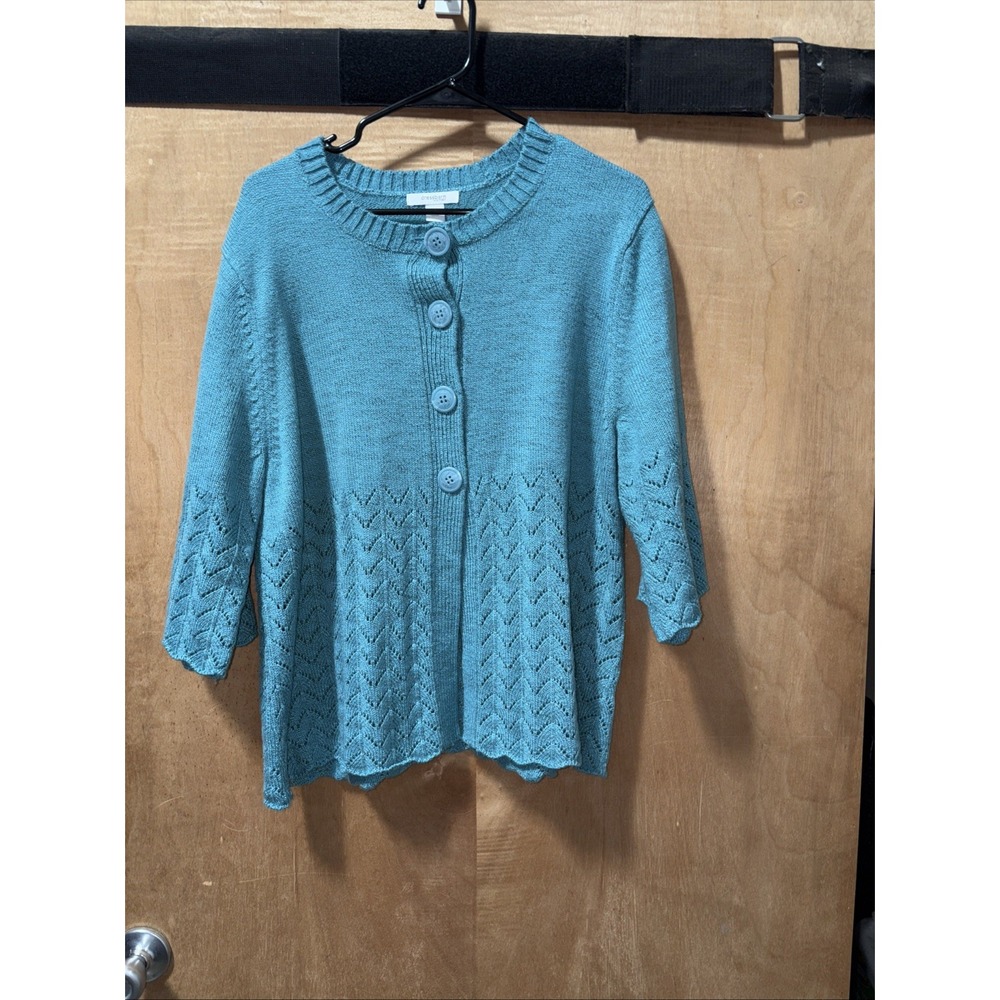 Dress Barn Cardigan with Eyelet Design and‎ Pointelle Hem Size 22/24 Teal Color